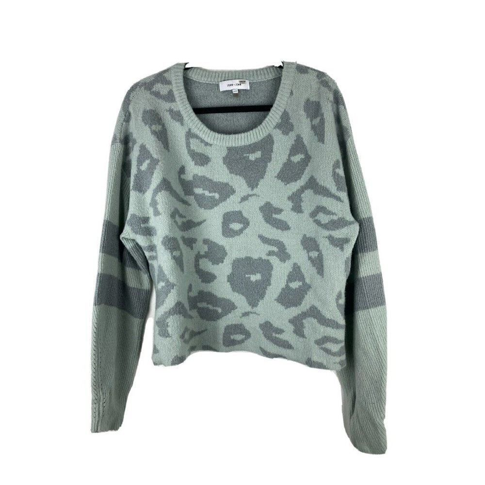 John + Jenn Womens Pullover Sweater Size L Mint Green/Blue Gray Cheetah Print